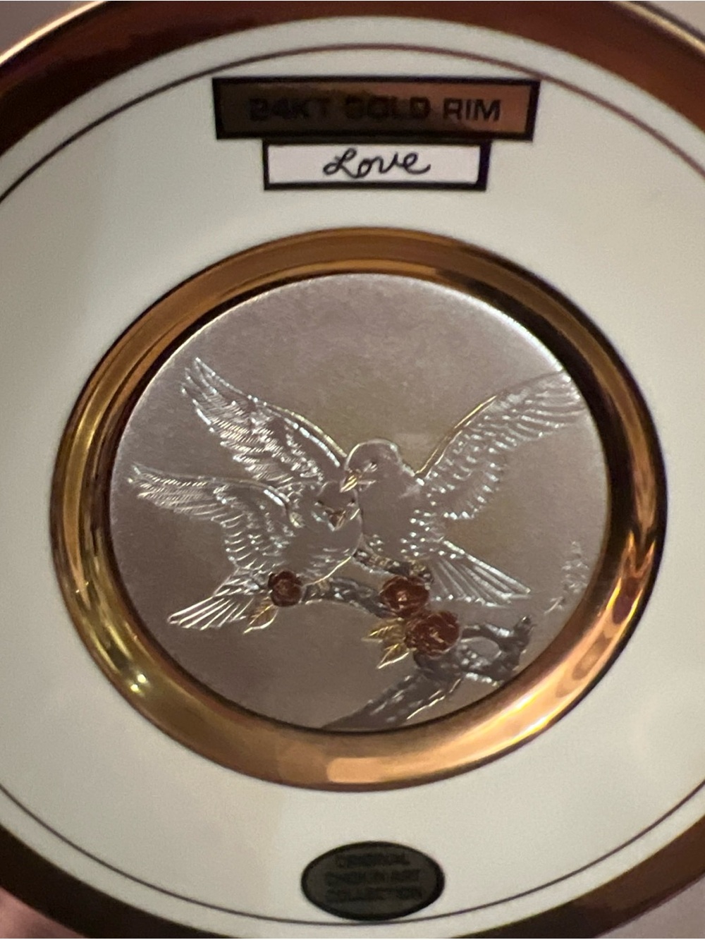 “Love” 24kt Gold Rim White Ceramic Wall Plaque with Dove Motif